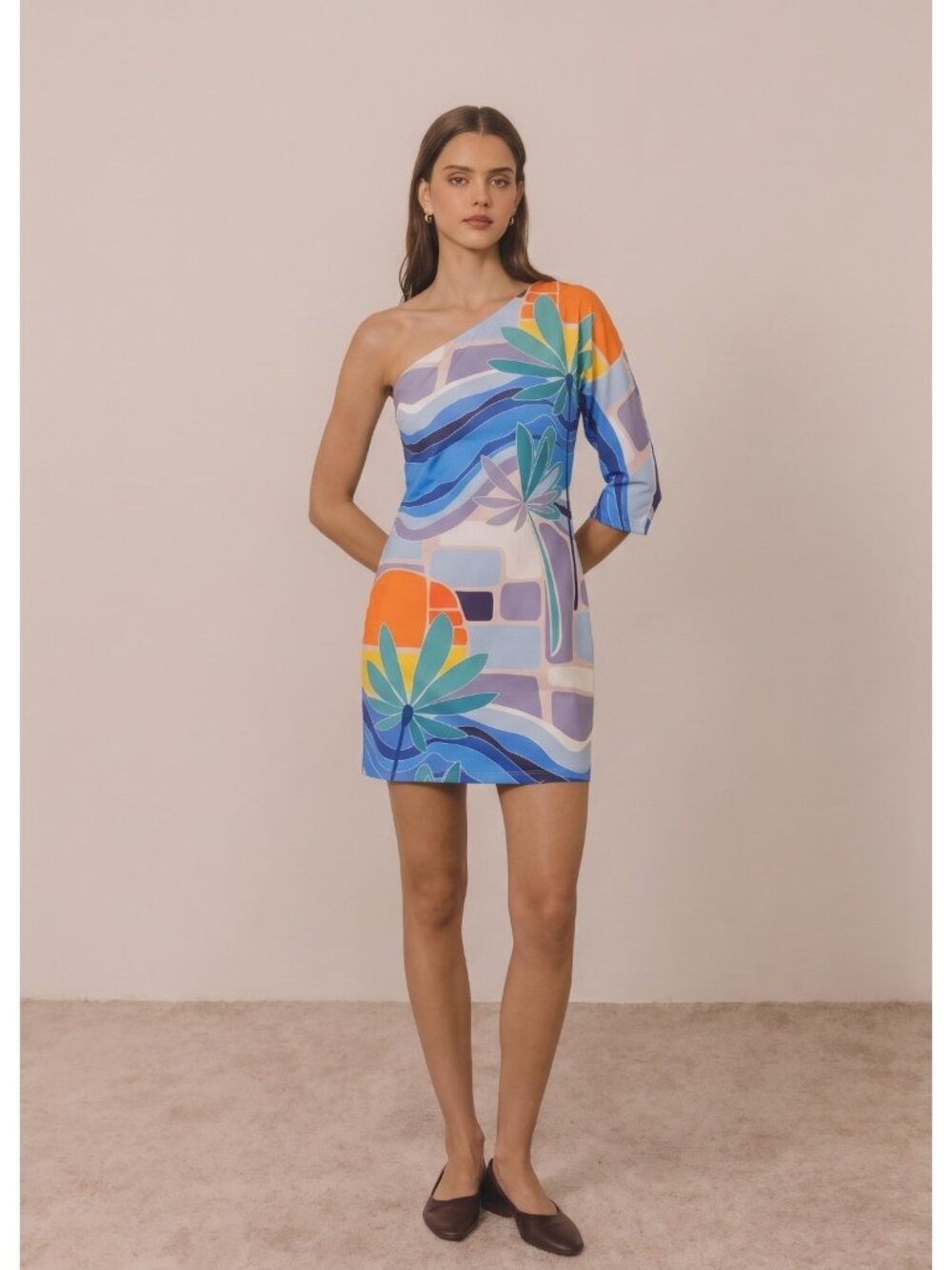 Trina Turk Tropical Palm Tree Floral Off One Shoulder Sleeve Mini Dress Blue L